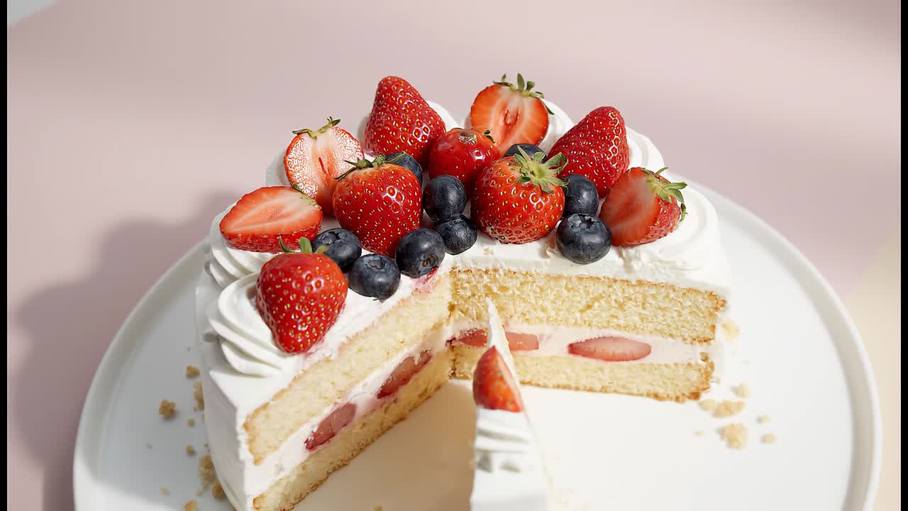Torta fresca alla crema di fragole con una fetta tagliata su un piatto, che mostra strati di pan di Spagna e ripieno su sfondo pulito.