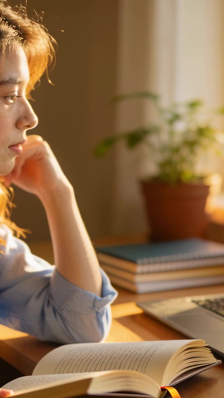 Vertical video: Seeing laptop she turning from ribbon book at desk by window in shirt, copy space