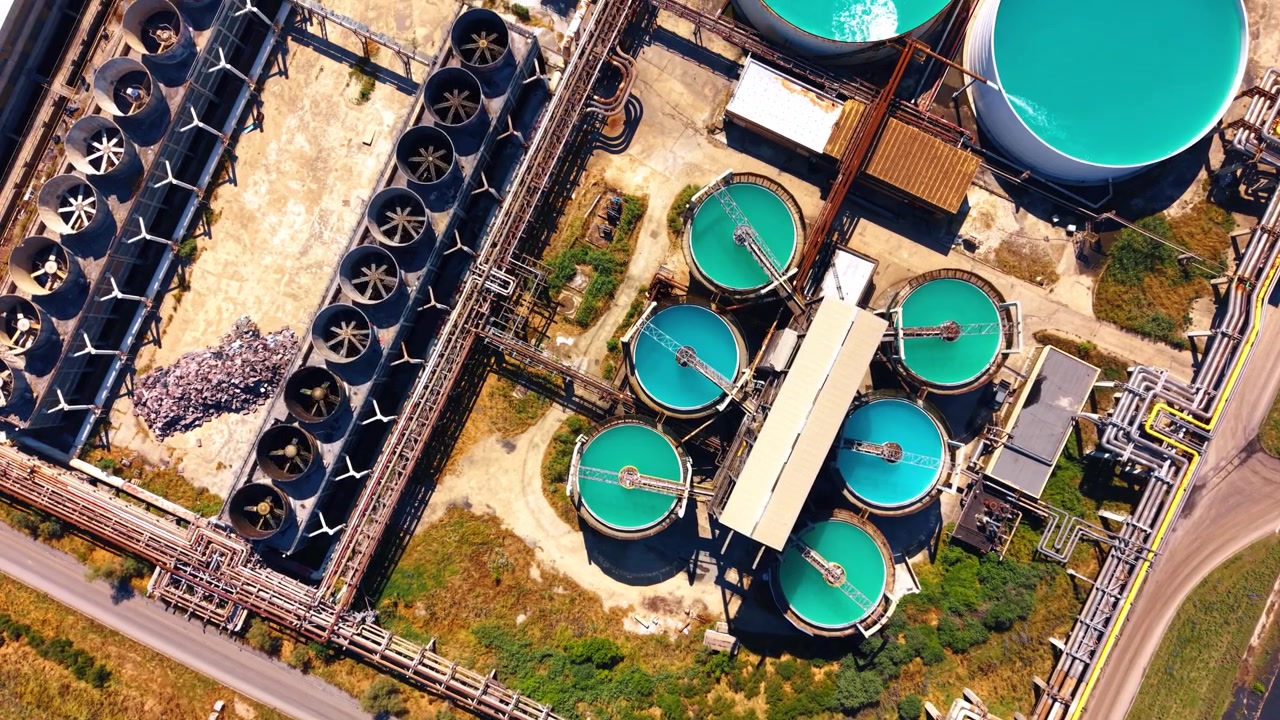 Overhead view of circular water treatment pools and cooling fans. Intricate yellow and metallic pipelines connect round turquoise basins beside mechanical fan units.