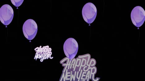 Animación-De-Feliz-Año-Nuevo-En-Blanco-Y-Morado,-Con-Globos-Morados-Sobre-Fondo-Negro