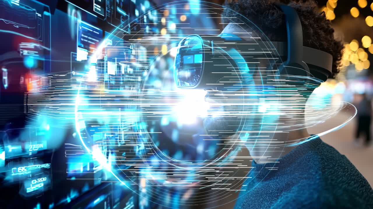 도시 풍경 앞에 가상 현실 헤드을 착용 한 남자