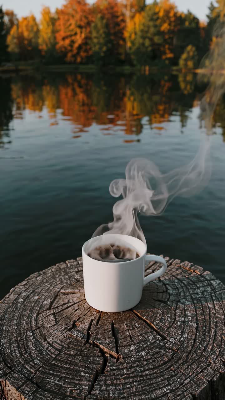 A steaming cup of coffee on a tree stump by a lake, captured from a low angle