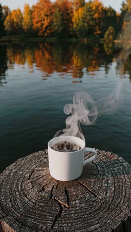 a steaming cup of coffee on a tree stump by a lake, captured from a low angle