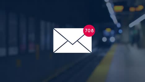 Message icon with increasing numbers train arriving against train station in background