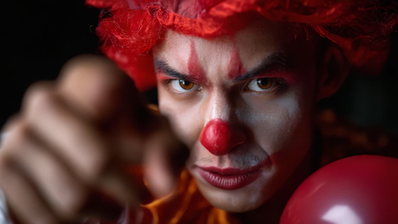 Intense Clown Character with Red Hair and Bold Makeup Pointing at the Camera, Capturing the Essence of Fun and Eerie Expressions in the Spotlight