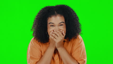 Woman,-hands-over-mouth-and-green-screen