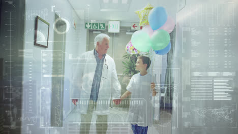 animación de procesamiento de datos sobre médico caucásico con niño hablando
