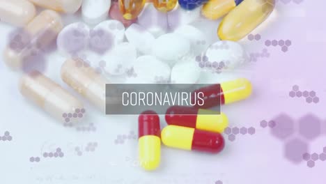 animation of text coronavirus over different pills on the white background