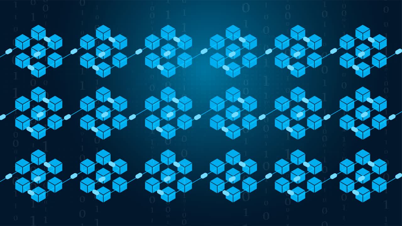Blockchain concept - Connection of Blockchain Network for Cryptocurrency and Data Transfer Shown with Digital Binary Data in the Dark Background Depicting Blockchain Cryptocurrency
