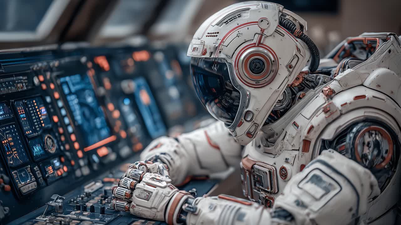 An Astronaut Engaged in Navigation and Control at the Spacecraft's Command Console, Surrounded by Advanced Technology and Displays in a Futuristic Setting