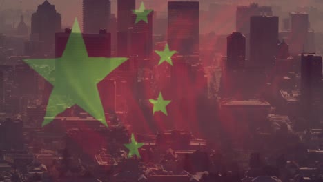 Animación-De-La-Bandera-De-China-Sobre-El-Paisaje-Urbano.