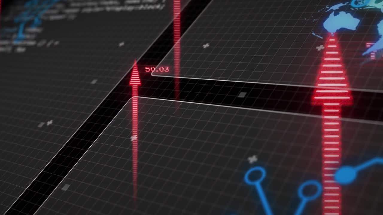 Animation of arrows and data processing over screens