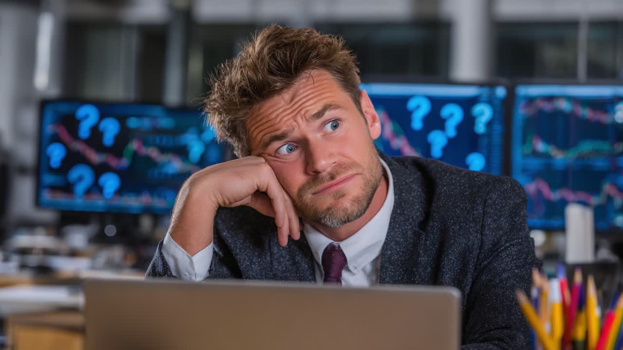 Contemplative Businessman in a Financial Office Environment Analyzing Market Trends and Data Visualization with a Pensive Expression Reflecting Uncertainty