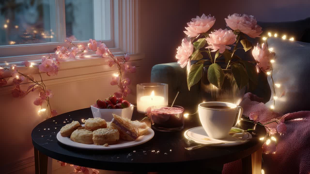 A Cozy Afternoon Scene Featuring Delicious Treats, Aromatic Beverages, and Beautiful Floral Arrangements, Perfectly Captured with Soft Lighting and Inviting Atmosphere for a Relaxed Ambiance