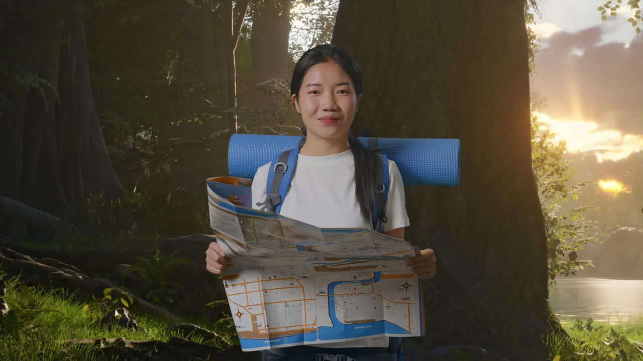 excursionista asiática con mochila de montañismo mirando el mapa y luego sonriendo a la cámara mientras explora la naturaleza del bosque