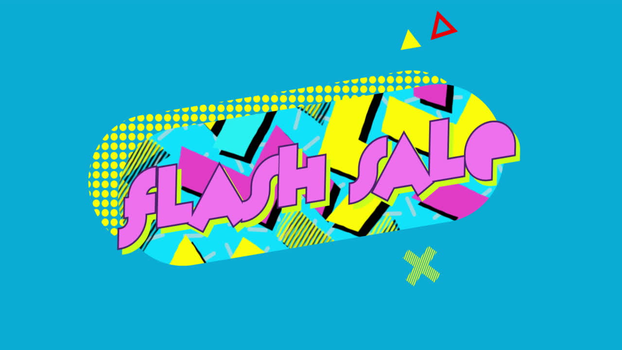 파란색 배경에 다채로운 기하학적 모양 위에 플래시 판매 텍스트 애니메이션