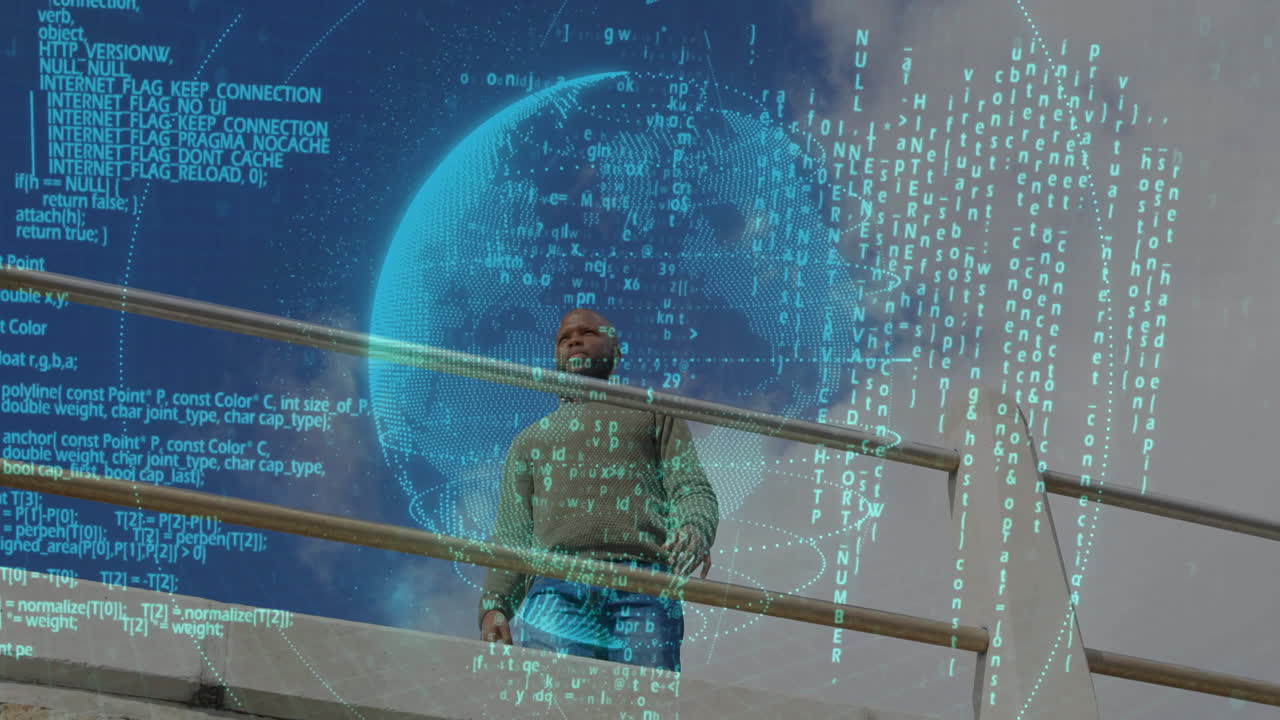 man standing on rooftop balcony behind railing, displaying digital tech holographic globe and code