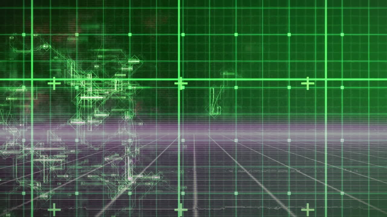 Animation of abstract 3D structure with glowing lines in digital grid