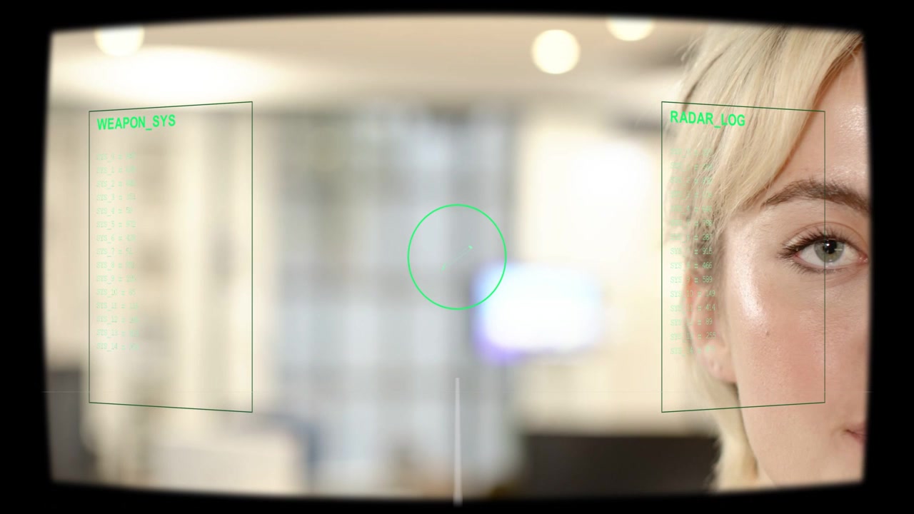 Woman moving into HUD for surveillance, camera pan, animated reticle tracking eye near RADAR_LOG