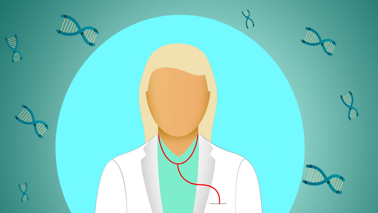animación de una doctora sobre una hebra de adn moviéndose