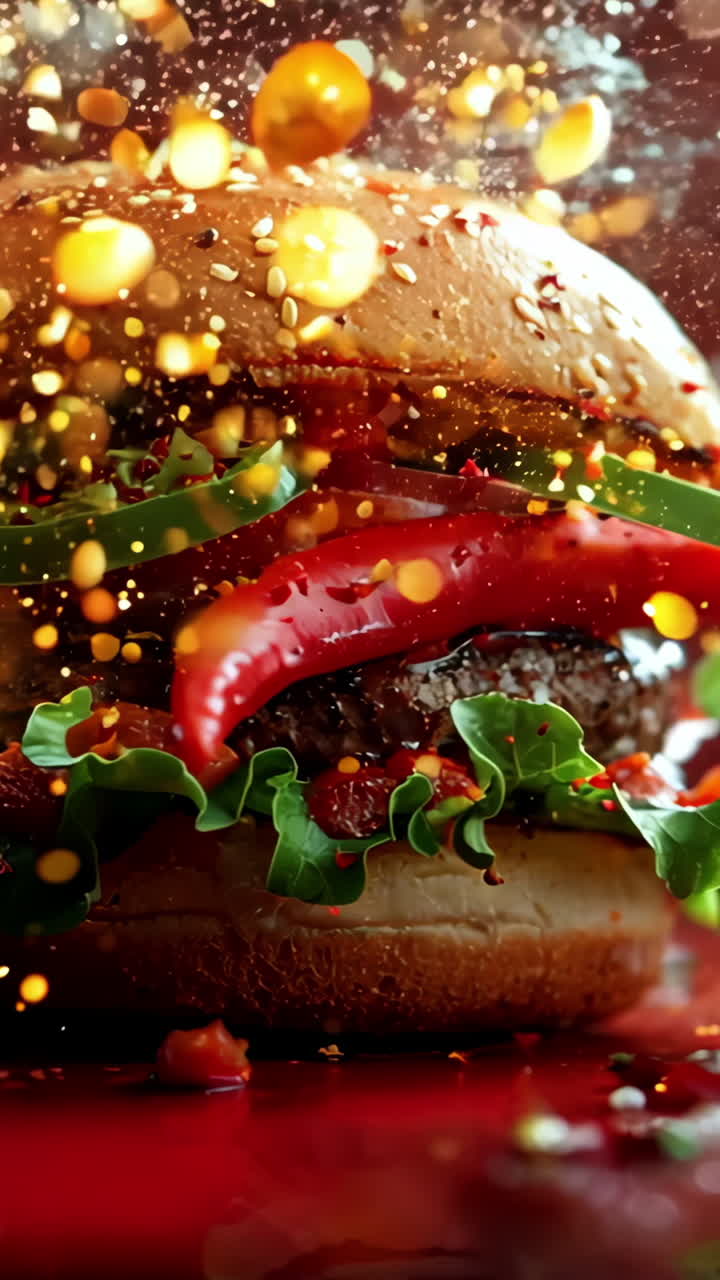 A burger with jalapenos and lettuce on it. The burger is on a red background