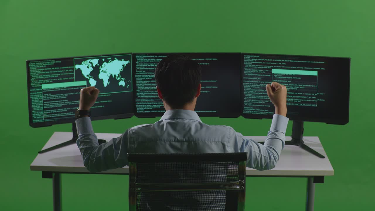 Back View Of Happy Asian Man Developer Celebrating While Write Code With Multiple Computer Screens In Green Screen Studio