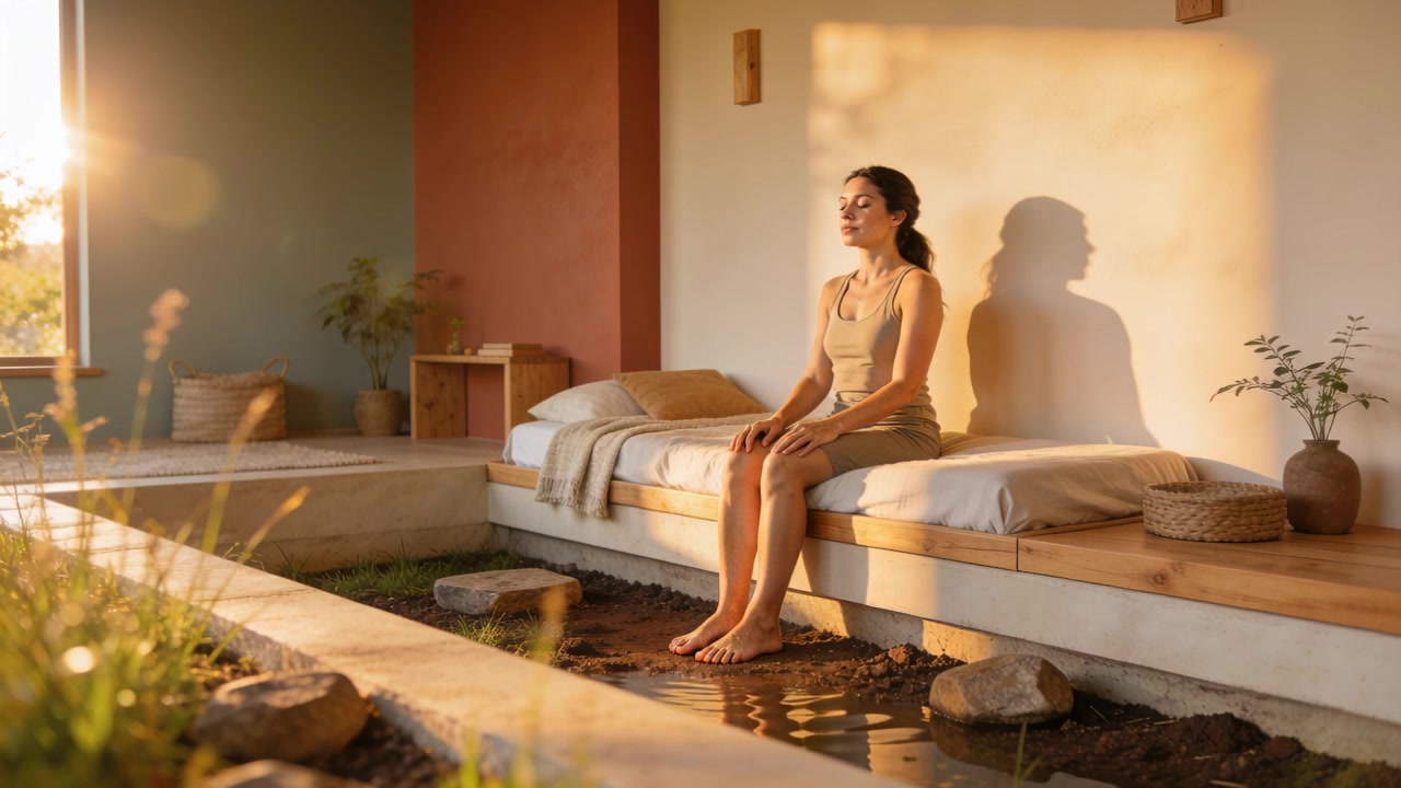 Donna in abbigliamento sportivo beige che si muove e medita su una panca da spa, con la luce del sole che inonda l'ambiente e un canale d'acqua.