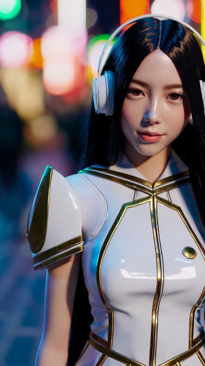 Donna cyberpunk elegante a Night City
