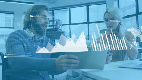 animation of financial data processing over diverse business people in office