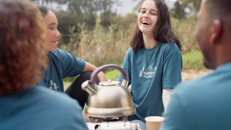 camping, friends and laughing with coffee