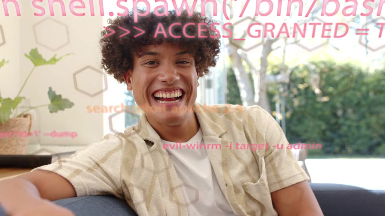 Man receiving playful arm touch laughing settling on couch while pink tech code layer crossing face