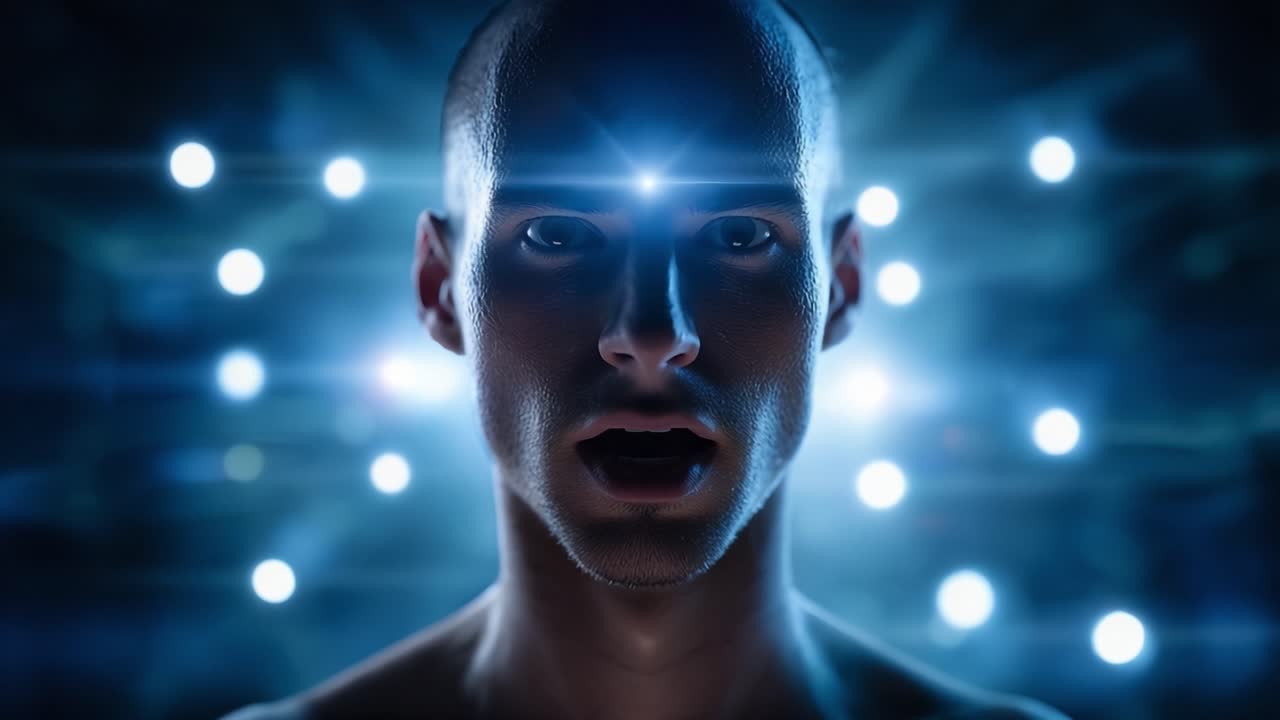 Um close-up hipnotizante de uma pessoa com a testa brilhante, cercada por uma exibição de luz etérea que aprimora a atmosfera espiritual e de foco