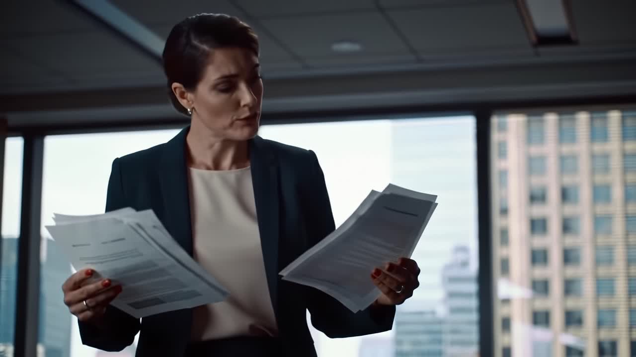 Business Professional Examines Important Documents in a Corporate Office Setting