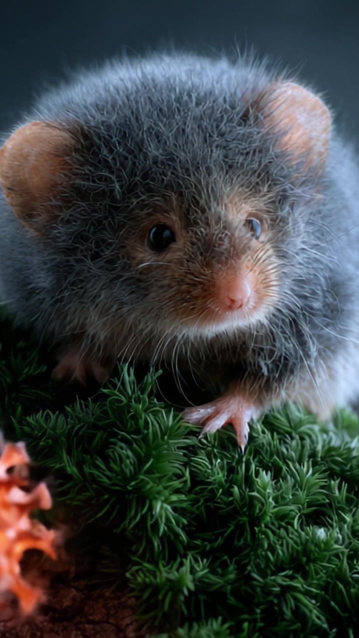 Uno sguardo ravvicinato a un affascinante piccolo mammifero con pelliccia soffice e grandi occhi, seduto su una superficie muschiosa verde lussureggiante, catturando la bellezza delle creature della natura