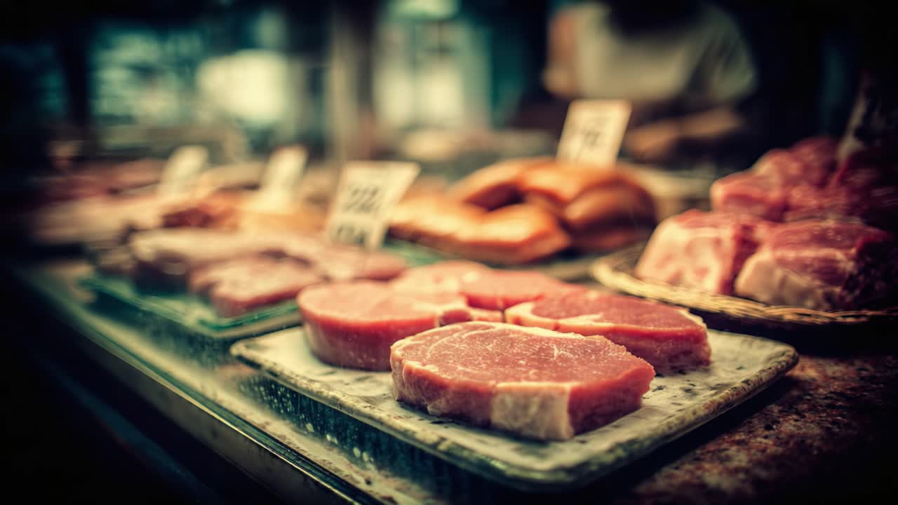 A Display of Fresh Cuts: Various Meats in a Market Setting Highlighting the Rich Textures and Colors of Pork Chops and Other Meats on Sturdy Platters