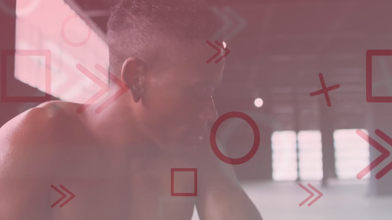 운동 중 휴식을 취하는 사람 위로 움직이는 모양의 애니메이션