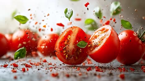 fresh tomatoes and basil with spices in motion