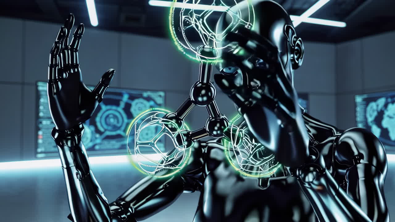 Robot interacting with molecular structures in a futuristic laboratory