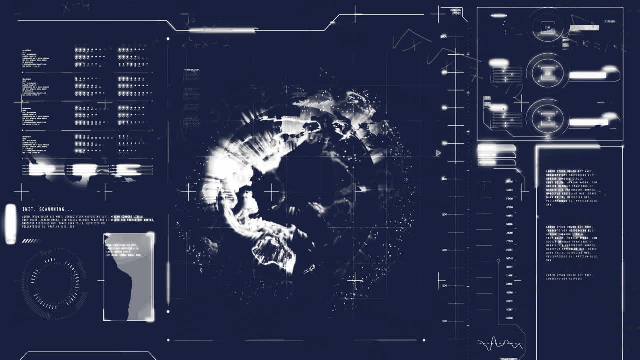 Animation of mathematical equations over interface with data processing against spinning globe