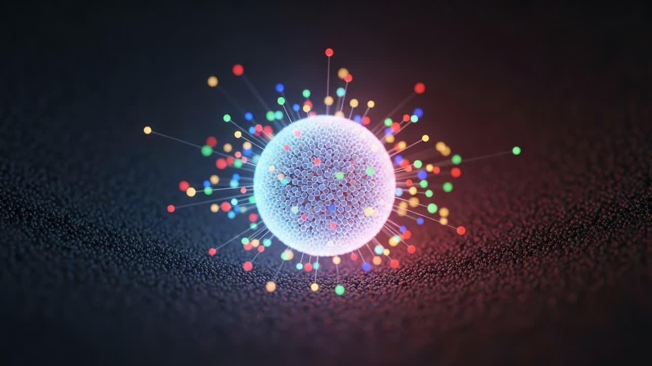 An Intricate Representation of a Colorful Particle Sphere Surrounded by Vibrant Light, Illustrating the Complexity of Atomic Structures and Energy in a Dark Field