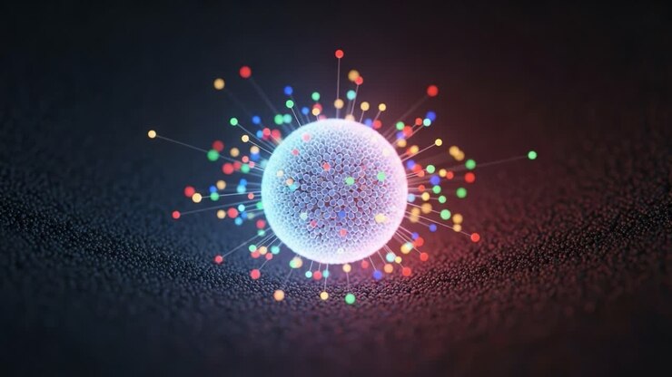 An Intricate Representation of a Colorful Particle Sphere Surrounded by Vibrant Light, Illustrating the Complexity of Atomic Structures and Energy in a Dark Field