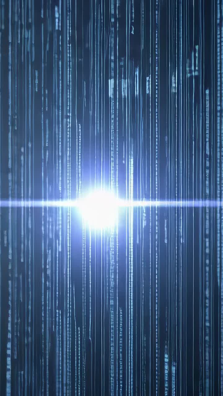 Vertical video: Appearing lens flare orb gliding through blue vertical data streams