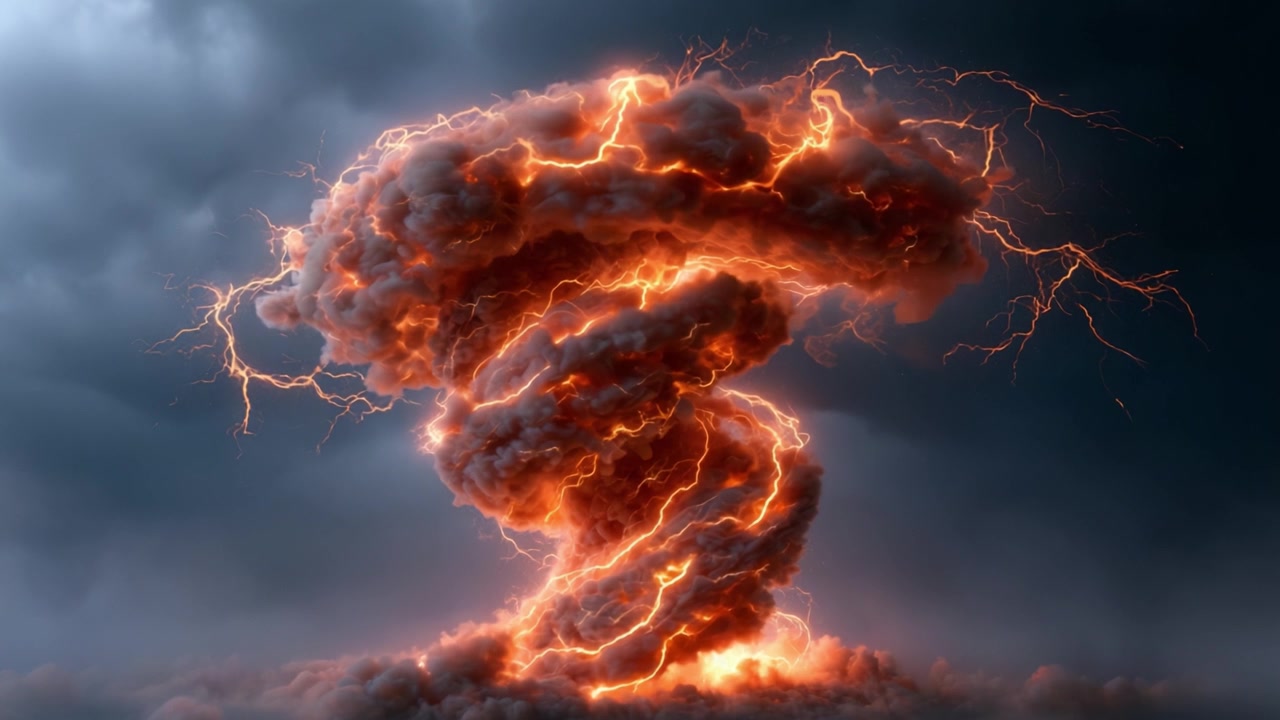 Una drammatica esplosione di energia e potenza: Una nuvola vorticosa di fuoco e fulmini contro un cielo scuro, catturando la furia della natura con dettagli spettacolari.