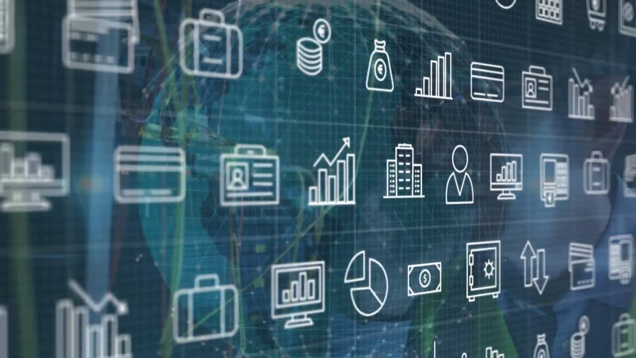 animación de múltiples iconos y globo sobre el hombre caucásico examinando el sistema de servidor de datos
