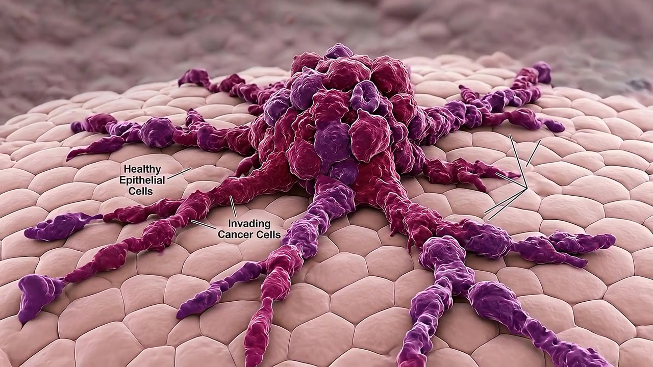 Ilustração Conceitual de Disseminação e Invasão de Células Cancerígenas