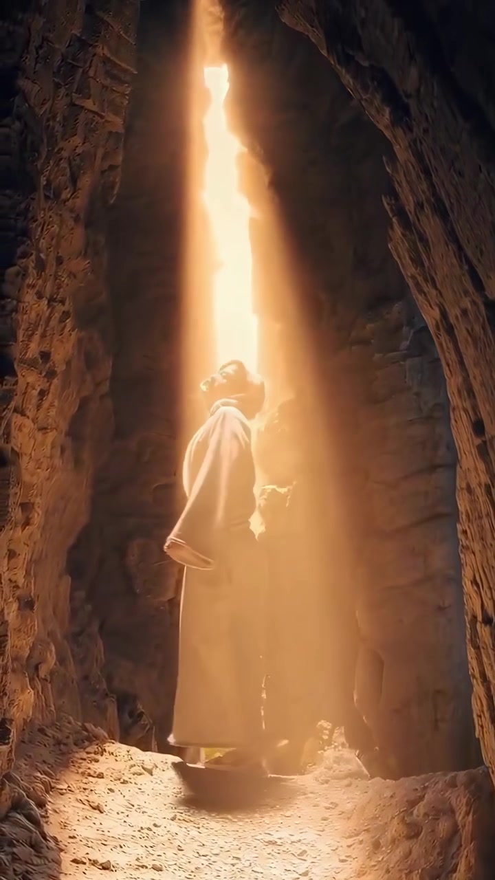 Persona in tunica in piedi in una grotta illuminata