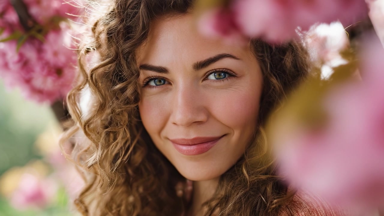 Ritratto di una giovane donna sorridente tra fiori rosa in fiore, che irradia felicità e bellezza in un sereno ambiente da giardino circondata dai colori vivaci della natura
