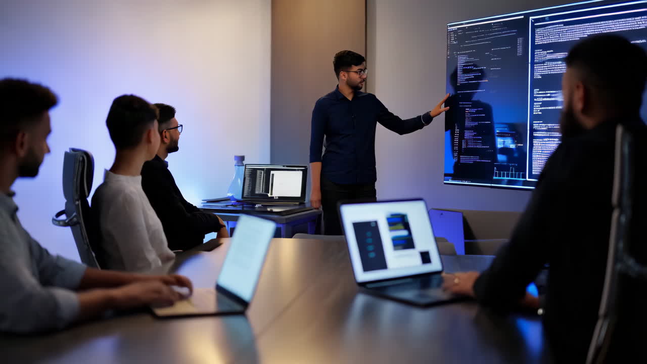 Software development team collaborating in a meeting