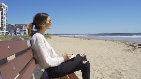 hermosa chica escribiendo en su diario mirando hacia arriba a la vista del océano, foto de perfil