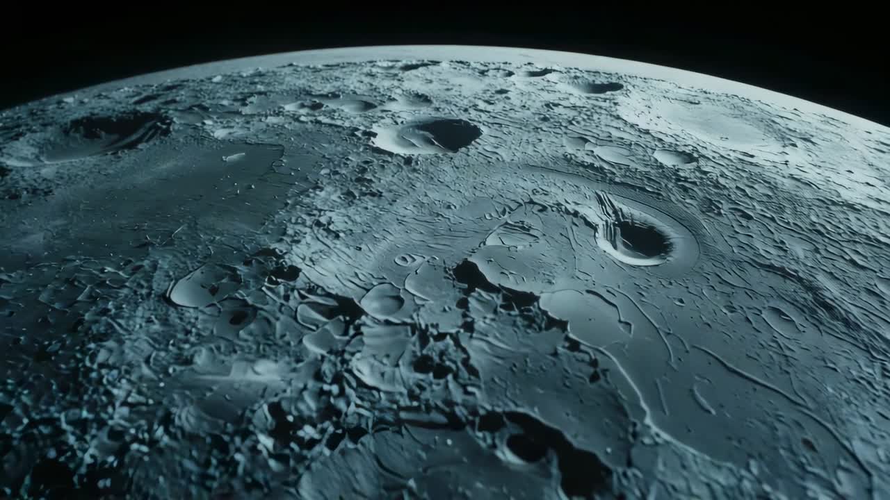 Entering lunar orbit camera panning forward and tilting down over surface, revealing crater walls